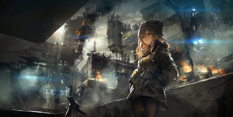 THE-LM7, anime, anime girls, building, hat, fire, destruction, blonde