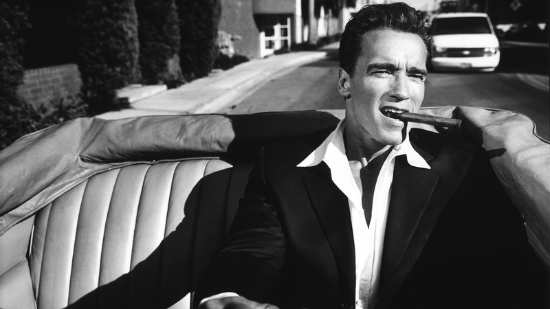 men, photography, Arnold Schwarzenegger, actor, vintage, car, driving, monochrome, cigars, shirt, suits, shadow, Cabrio