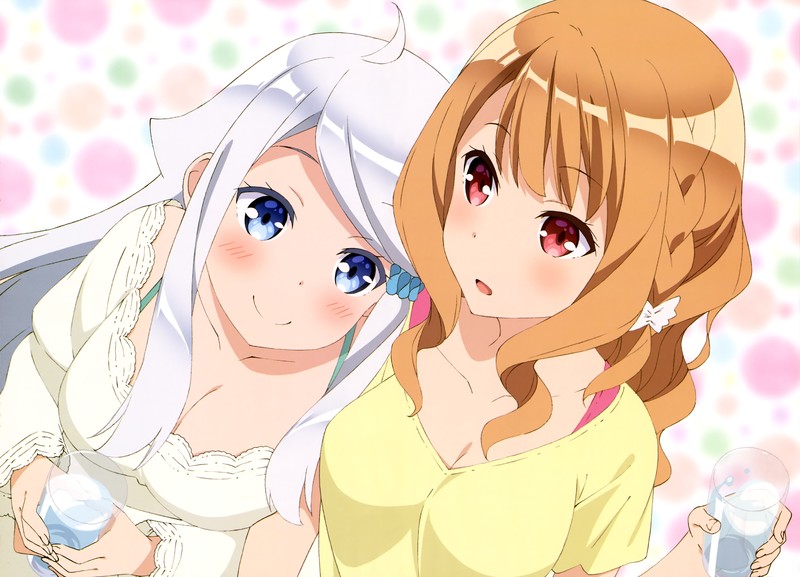 anime, anime girls, Imouto sae Ireba Ii., Kani Nayuta, Shirakawa Miyako, long hair, white hair, smiling, blue eyes, red eyes
