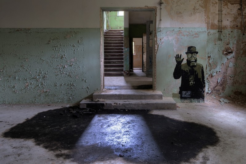 graffiti, doorways, gas masks, indoors