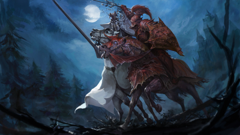 knight, Total War: Warhammer, Moon, forest, night, horse, lance, sword, shield