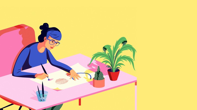 illustration, yellow background, sketches, desk, work, cactus, watercolor, glasses, blue shirt