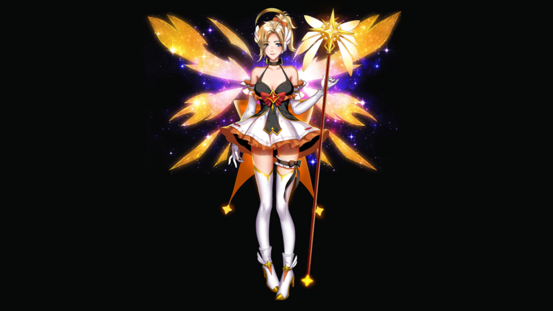 video games, women, Liang-Xing, cleavage, Overwatch, Mercy (Overwatch), blonde, wings, crossover, anime, anime girls, thighs, thigh-highs, choker, the gap