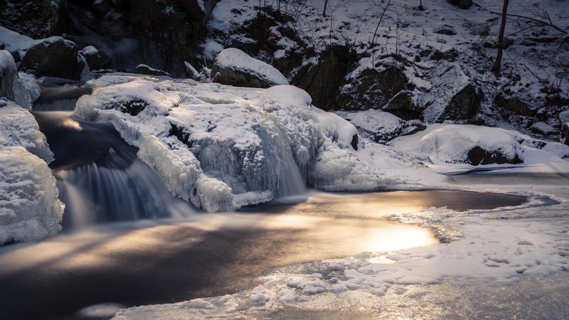 waterfall, snow, nature, winter