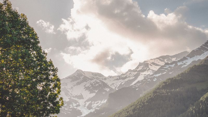 mountains, trees, landscape, slopes, peaks, 4k