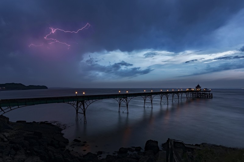 lightning, storm, pier, sea, sky