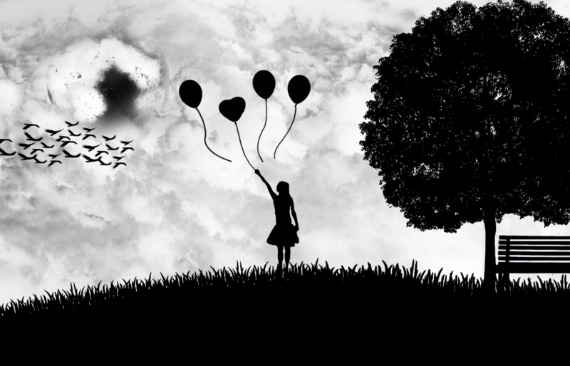 monochrome, digital art, women, balloon, sky, artwork