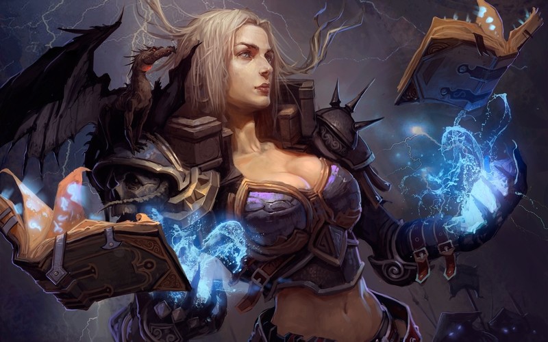 drawing, people, women, books, dragon, magic, blonde, sorcerer