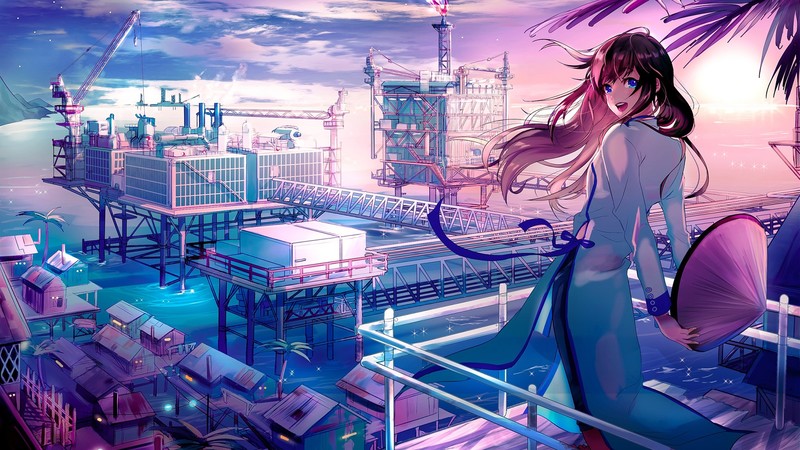 industrial city, brunette, ribbon, clouds