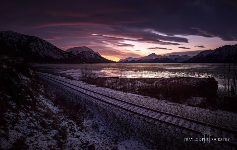 dark, railway, sky, landscape, snow, mountains, clouds