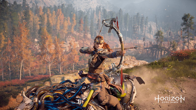 Horizon: Zero Dawn, Aloy (Horizon: Zero Dawn), screen shot, landscape, bow, bow and arrow, mech, Mech Animals