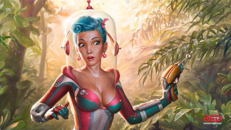 women, drawing, jungle, blue hair, people, George Redreev