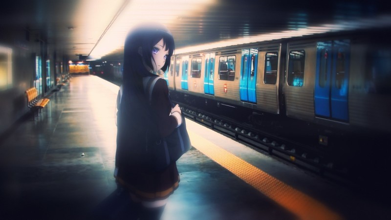 anime girls, metro, women, school, school uniform, illustration, blurred, motion blur, city