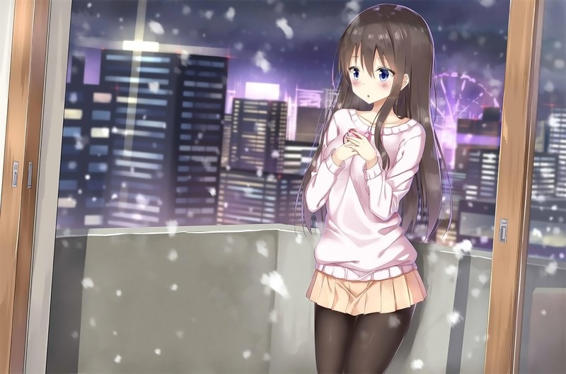 anime, anime girls, original characters, long hair, brunette, looking away, blue eyes, cityscape, artwork