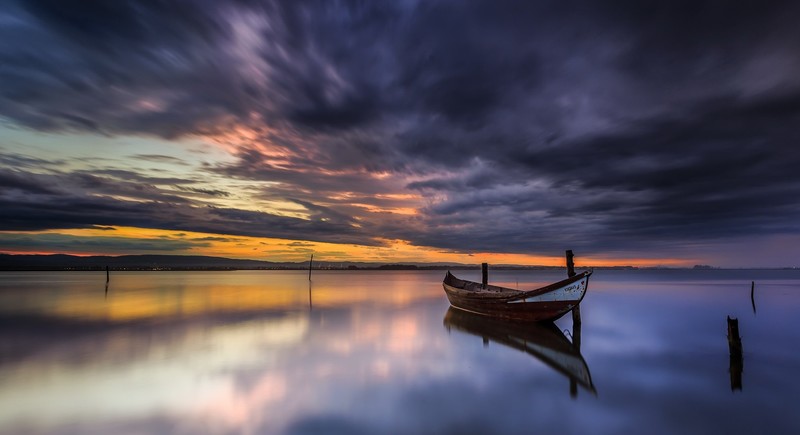 boat, sky, dark, water, nature