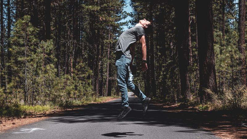 man, jump, levitate, road, trees, forest, 4k