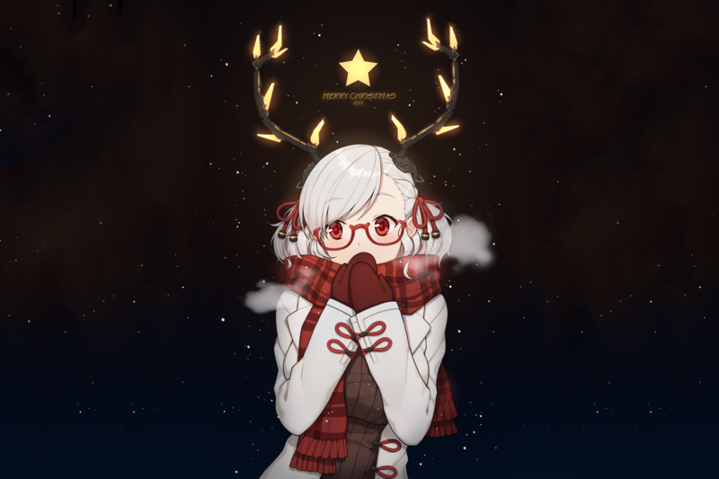 anime, anime girls, red eyes, glasses, white hair, short hair, Christmas, cold, winter