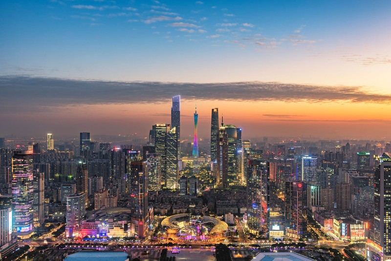 Guangzhou, city, skyscraper, orange sky, city lights