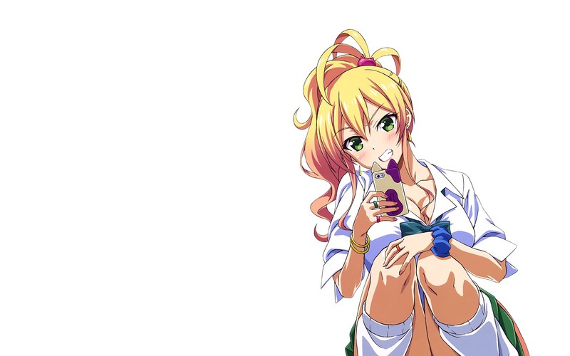 anime, anime girls, Hajimete no Gal, Yame Yukana, long hair, blonde, smiling, white background, green eyes
