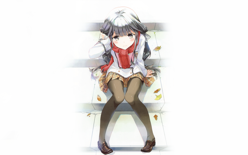 anime, anime girls, Masamune-kun no Revenge, Adagaki Aki, brunette, long hair, white background, sitting, school uniform, fall