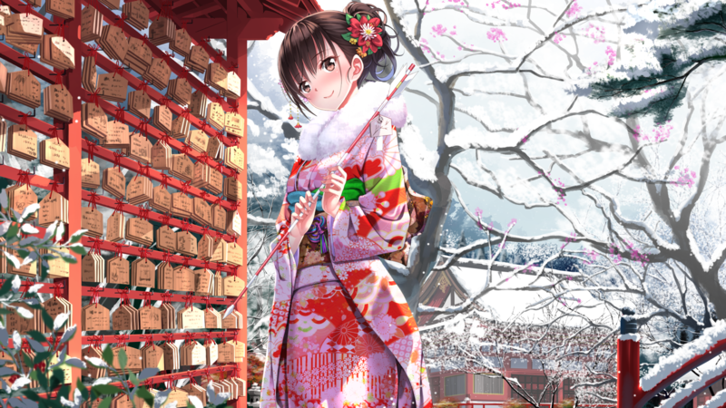 anime girls, snow, shrine