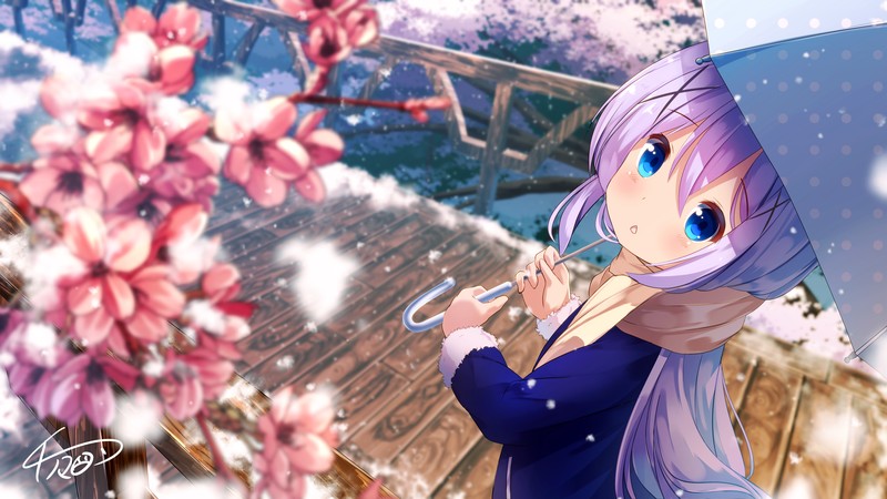 long hair, anime girls, snow, Kafuu Chino, Gochuumon wa Usagi Desu ka?