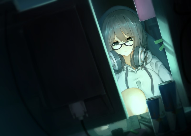 anime, anime girls, original characters, Red Bull, glasses, brunette, headsets, sitting