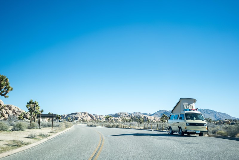 road, Volkswagen, desert, mountains, clear sky, blue, Ontario, Volkswagen Transporter, car, Van