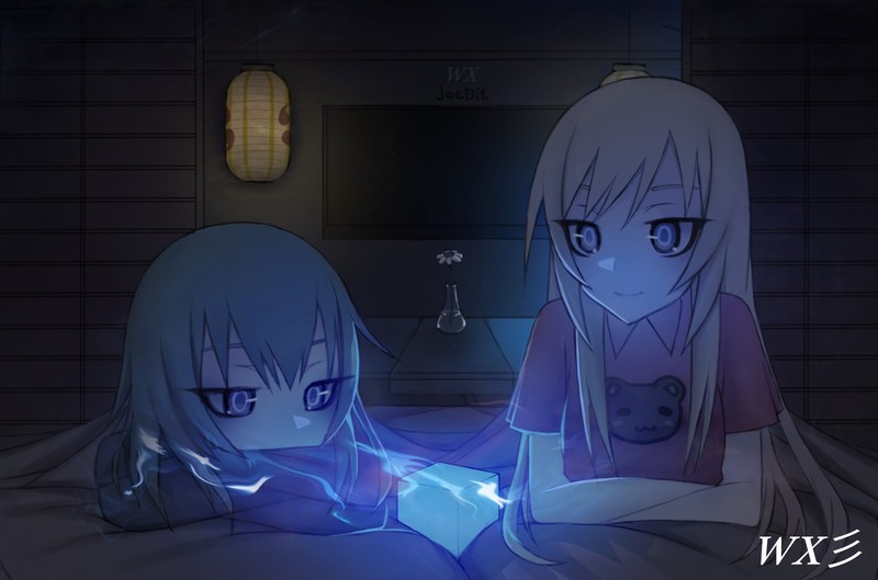 in bed, blonde, blue hair, long hair, short hair