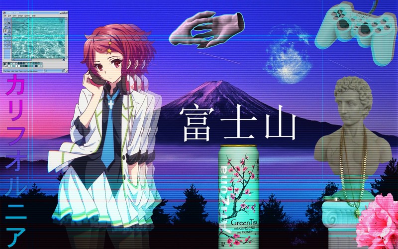 vaporwave, anime girls, anime, redhead, controllers, tie