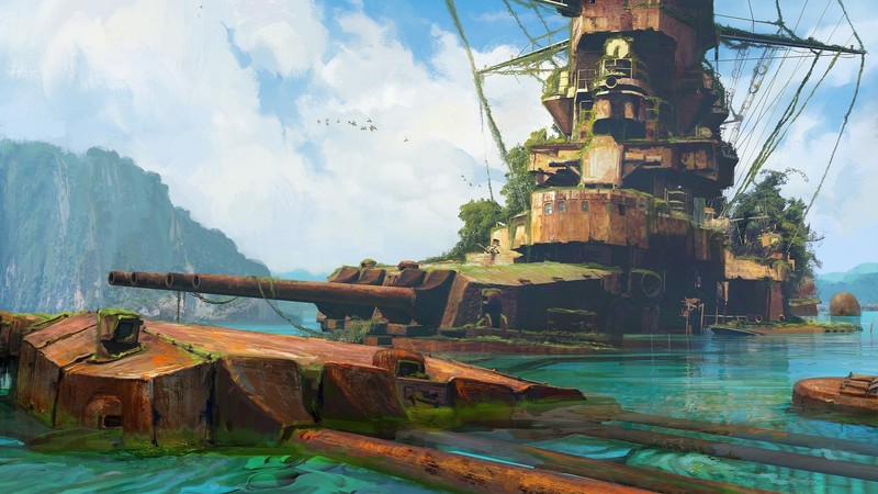 Battleship, cannons, rust, overgrown, island, ship, sea, birds, tropical, French