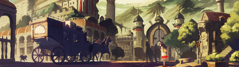 anime girls, horse, town, street, gates, mountains, dog, fantasy art