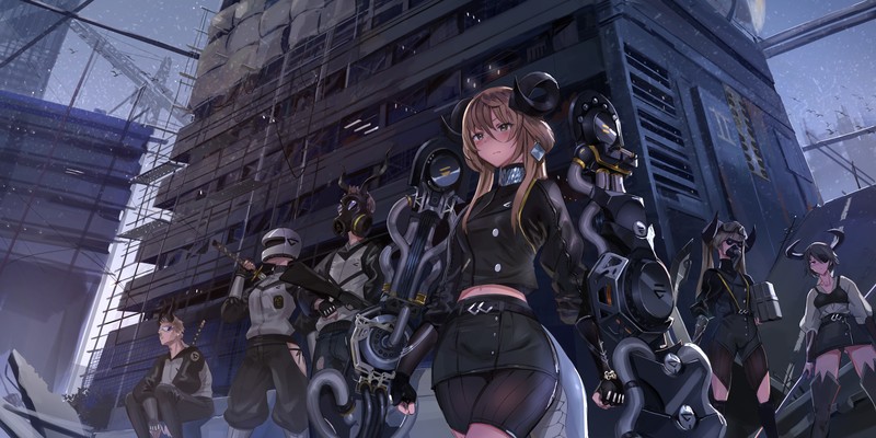 anime girls, horns, anime, brunette, city