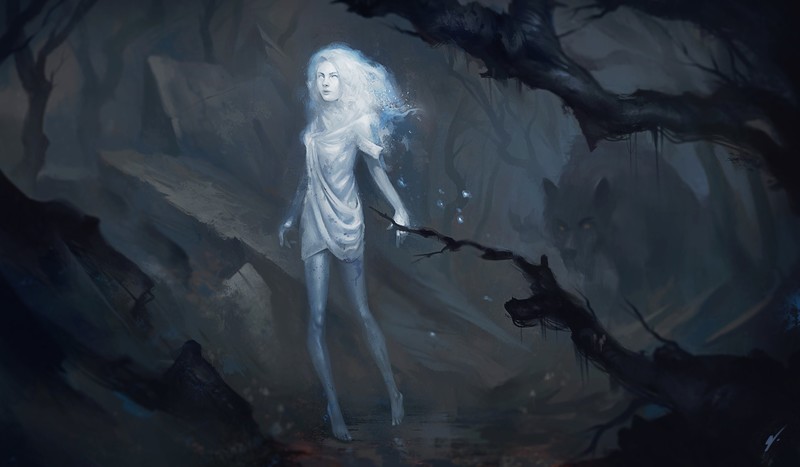 ghost, women, wolf, trees, rocks, drawing