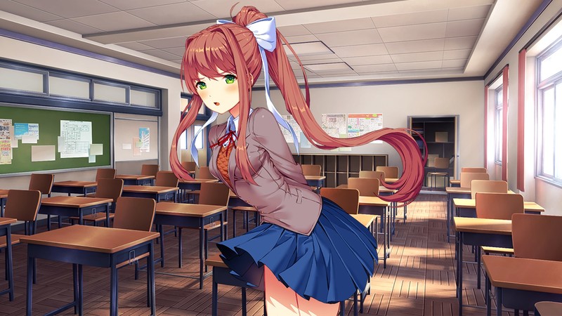 Monika (Doki Doki Literature Club), Doki Doki Literature Club, visual novel, brunette, green hair, open mouth, video games, video game art, digital art, red bow, blue skirt, long hair, Gray Blazer