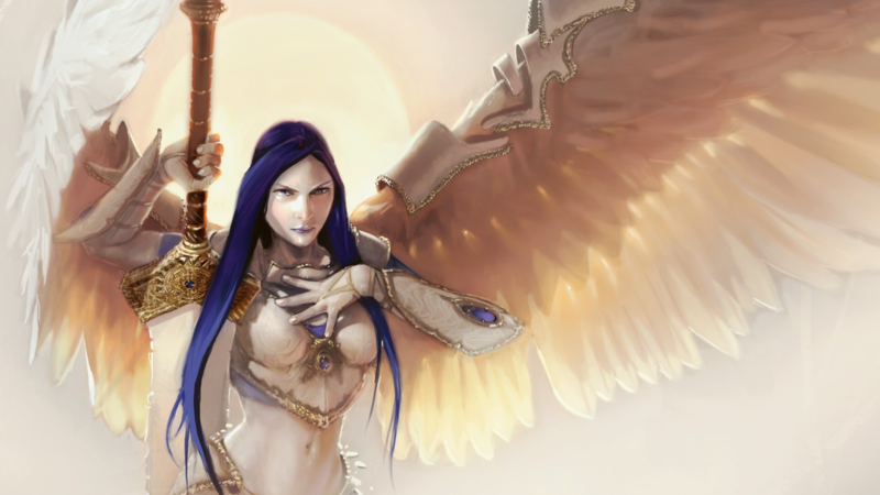 Magic: The Gathering, fantasy girl, blue hair, wings, fantasy art, Akroma, Angel of Wrath