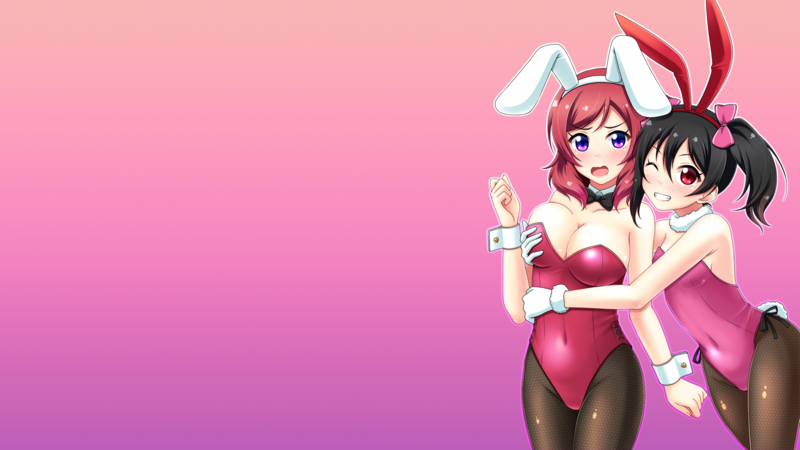 Love Live!, Nishikino Maki, Yazawa Nico, bunny suit, bunny ears, panty hose, gradient, groping, redhead, hair accessories, cleavage, cuffs, hair bows, bowtie, bunny costume, hands on boobs, hands on breasts
