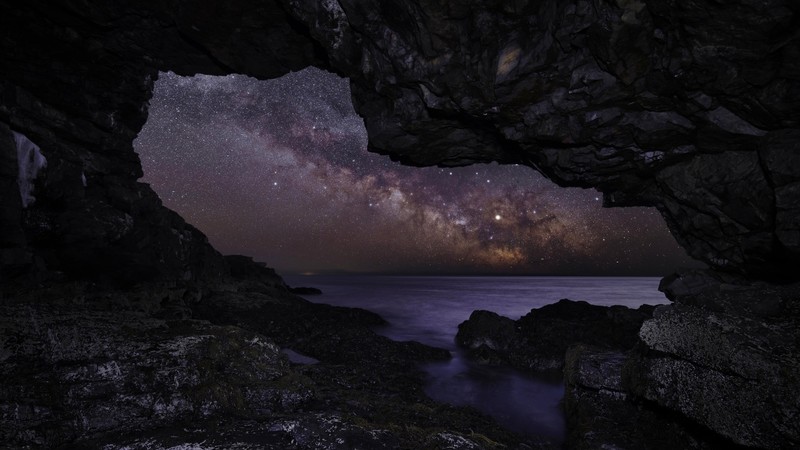 nature, night, stars, Milky Way, sea, rock, rocks, long exposure