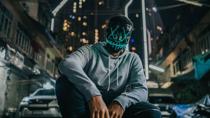 man, mask, anonymous, city, street, 4k