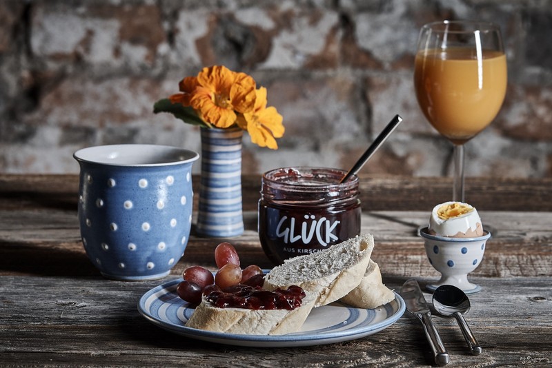 still life, breakfast, food, eggs, bread, drinking glass
