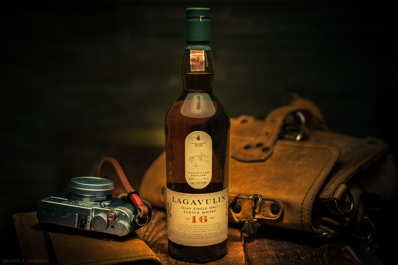 still life, camera, bag, bottles, alcohol, Scotch, whisky, Isle of Islay, Lagavulin