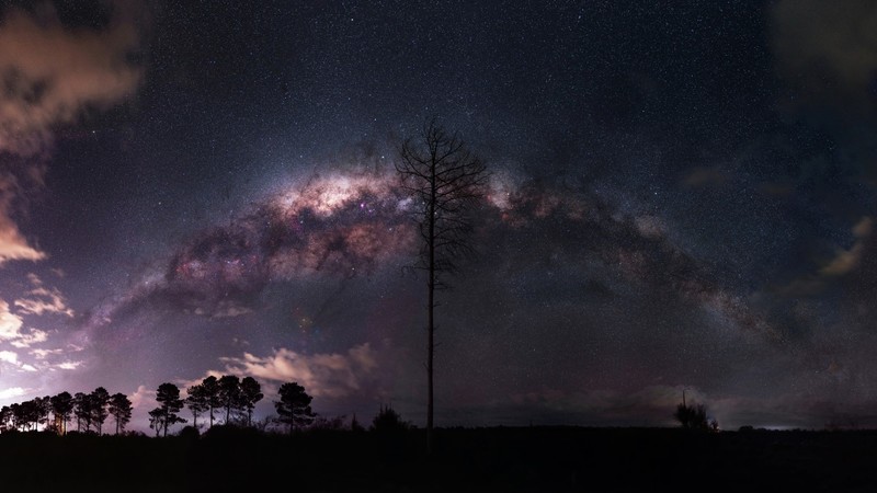 nature, landscape, night, Milky Way, stars, trees, clouds, silhouette, long exposure