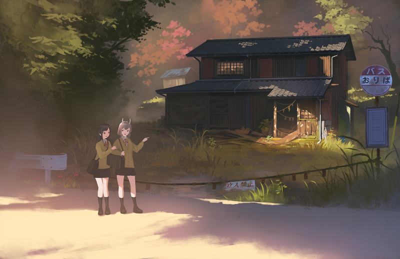 anime, artwork, anime girls, miniskirt, outdoors, house, moescape