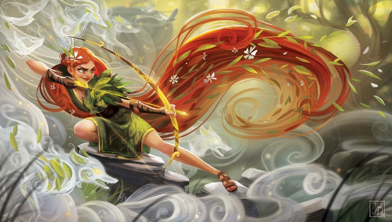 archer, women, drawing, clouds, redhead, bow, leaves, rocks, Ashe (League of Legends)