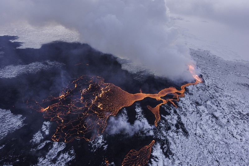 Iceland, lava, snow, smoke, landscape