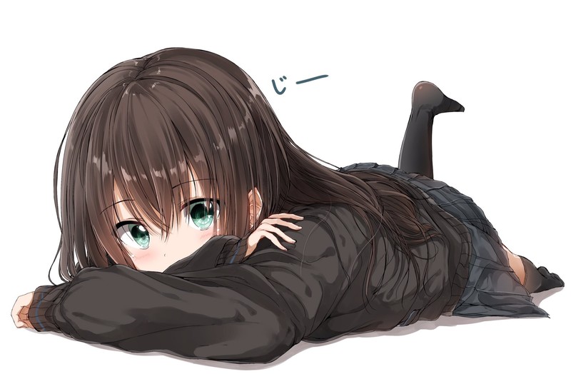 long hair, white background, school uniform, schoolgirl, lying on front, Shibuya Rin, THE