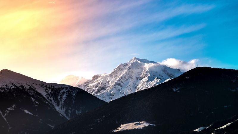 mountains, peak, landscape, forest, snow, 4k