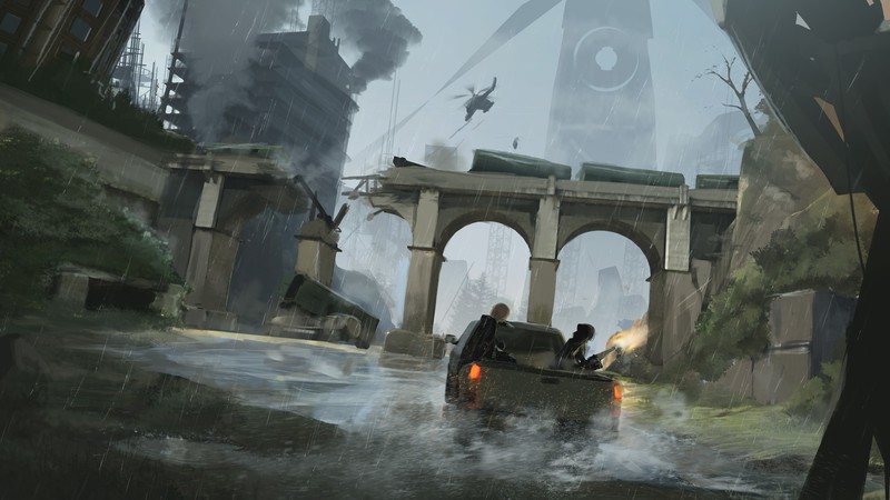 QuantumGLaDOS, car, artwork, war, bridge, city, ruin, rain, vehicle
