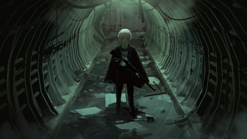 QuantumGLaDOS, girls with guns, white hair, frontal view