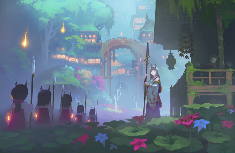 anime, artwork, forest, tree house, blue flowers